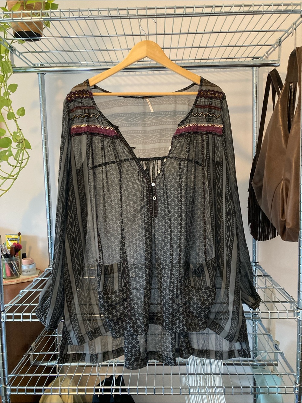Free People Sheer Boho Blouse with Embroidered and Beaded Detailing